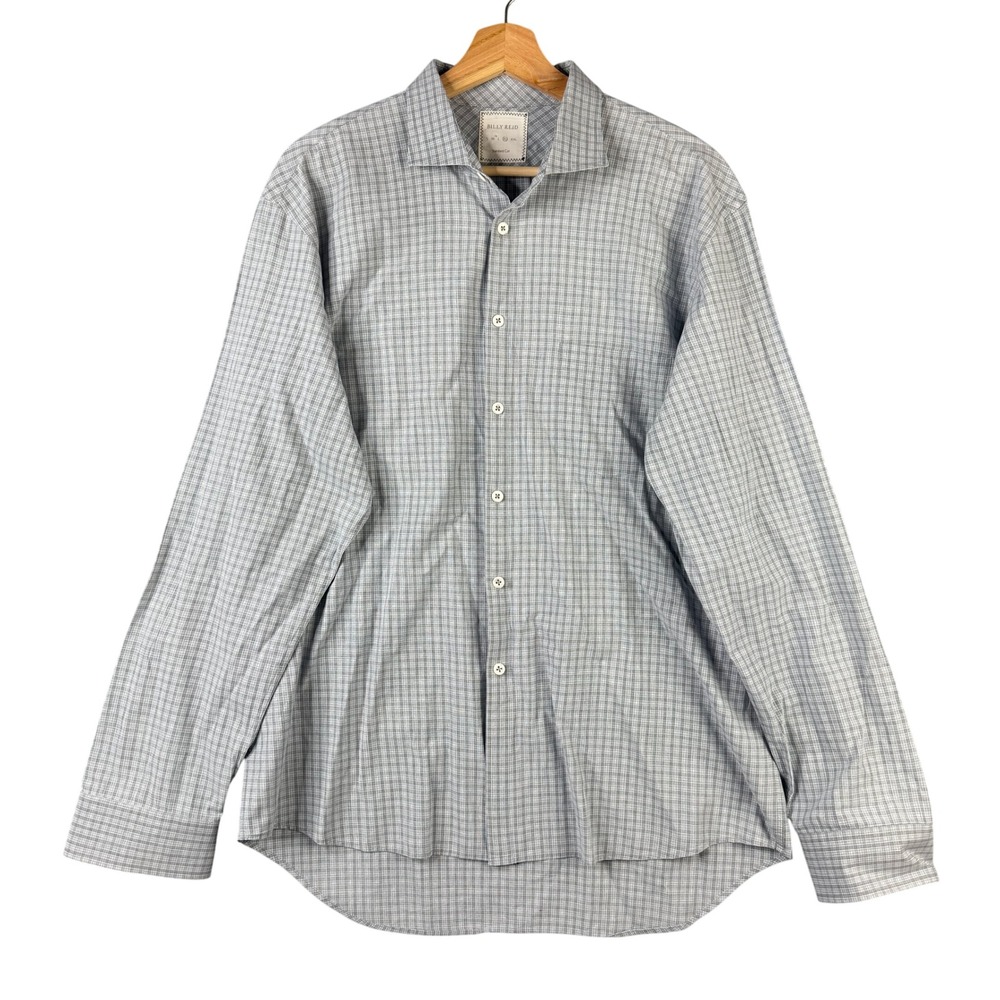 Billy Reid Men XL Standard Cut Plaid Button Down Shirt Blue Gray Cotton Italy